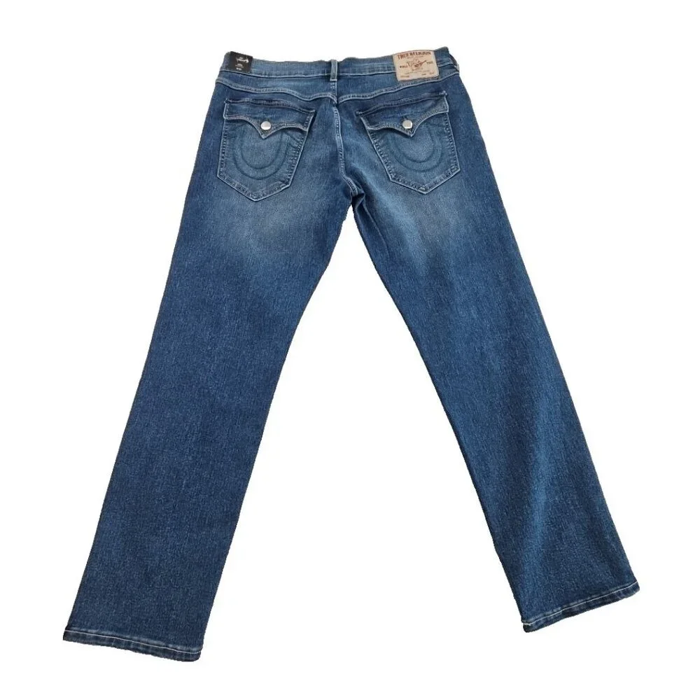 True Religion Geno Big T Flap Jeans Men's 36x32 Med Wash Relaxed‎ Slim NWT NEW